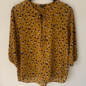 West Kei mustard yellow brown cream animal print tie front v neck tunic blouse